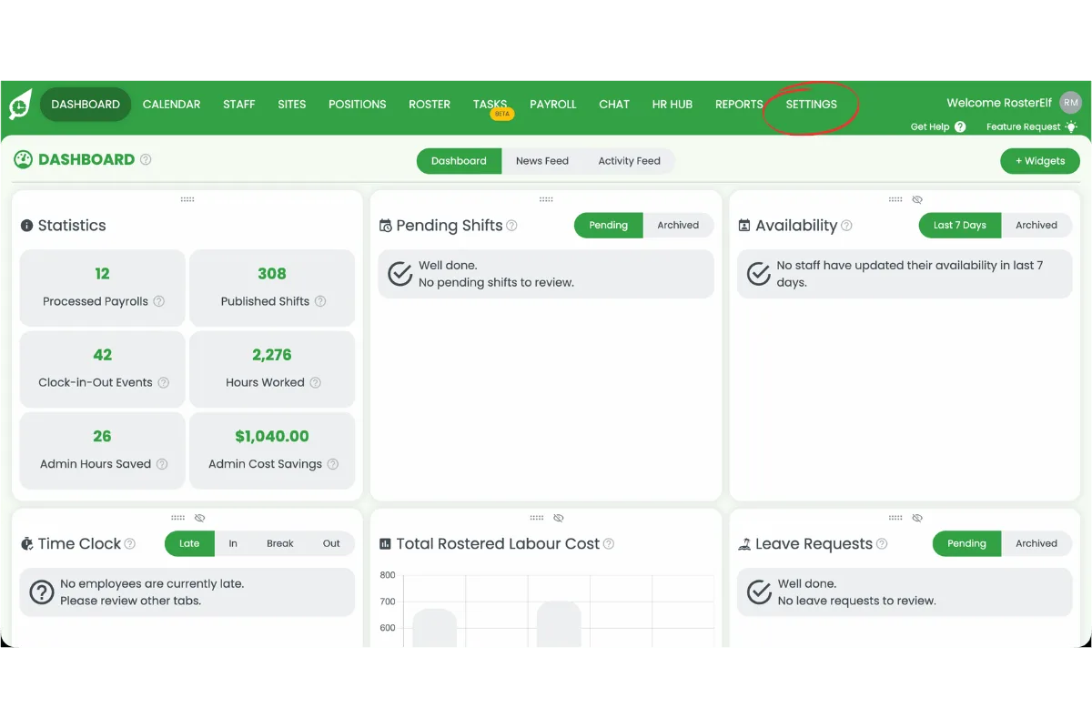 RosterElf dashboard with the Settings menu circled in red in the top navigation bar