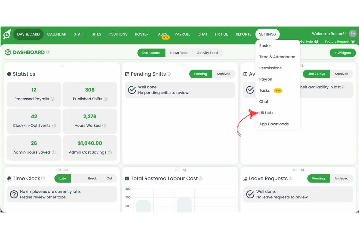 RosterElf Settings dropdown menu open with HR Hub option highlighted by a red arrow
