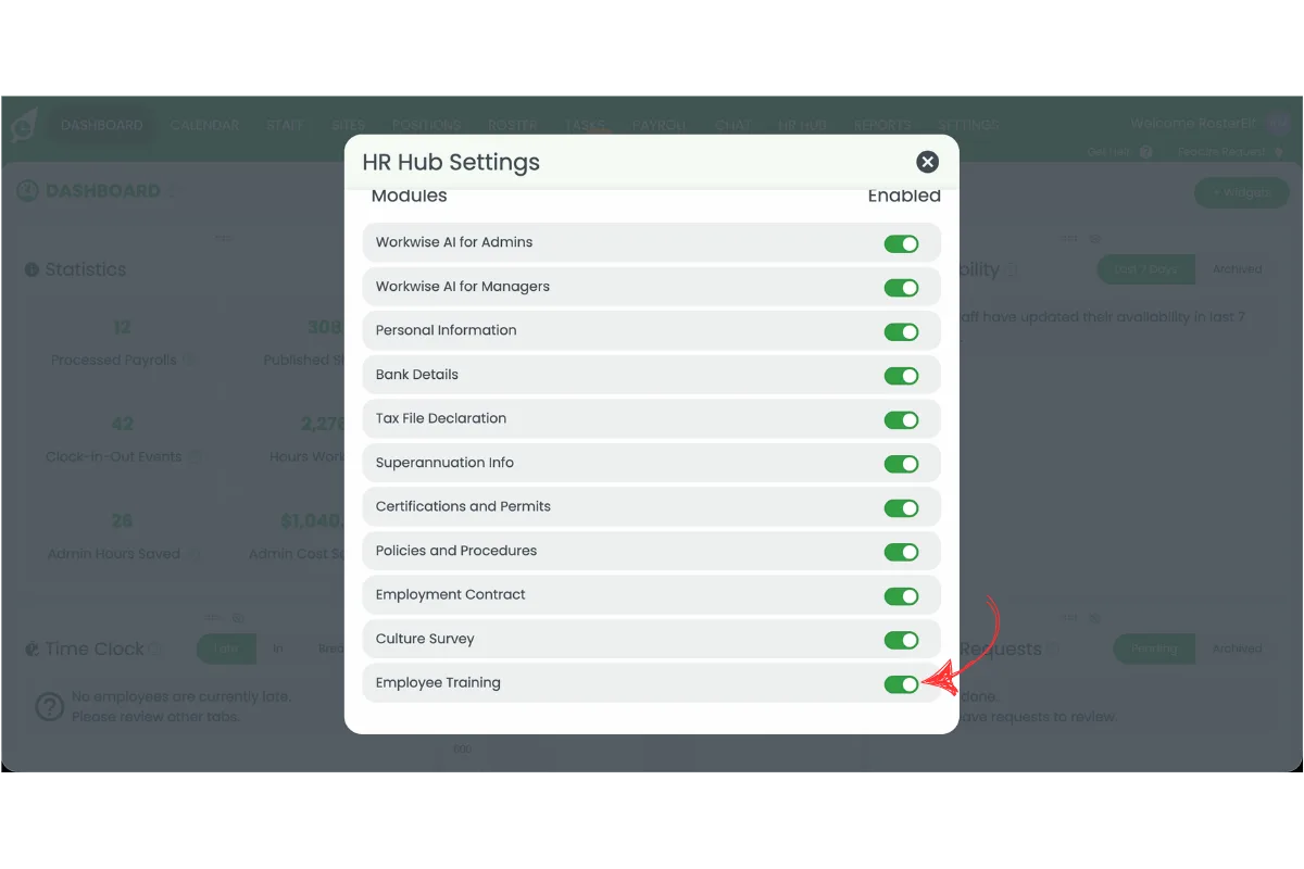 HR Hub Settings modal showing the Training module toggle switched on