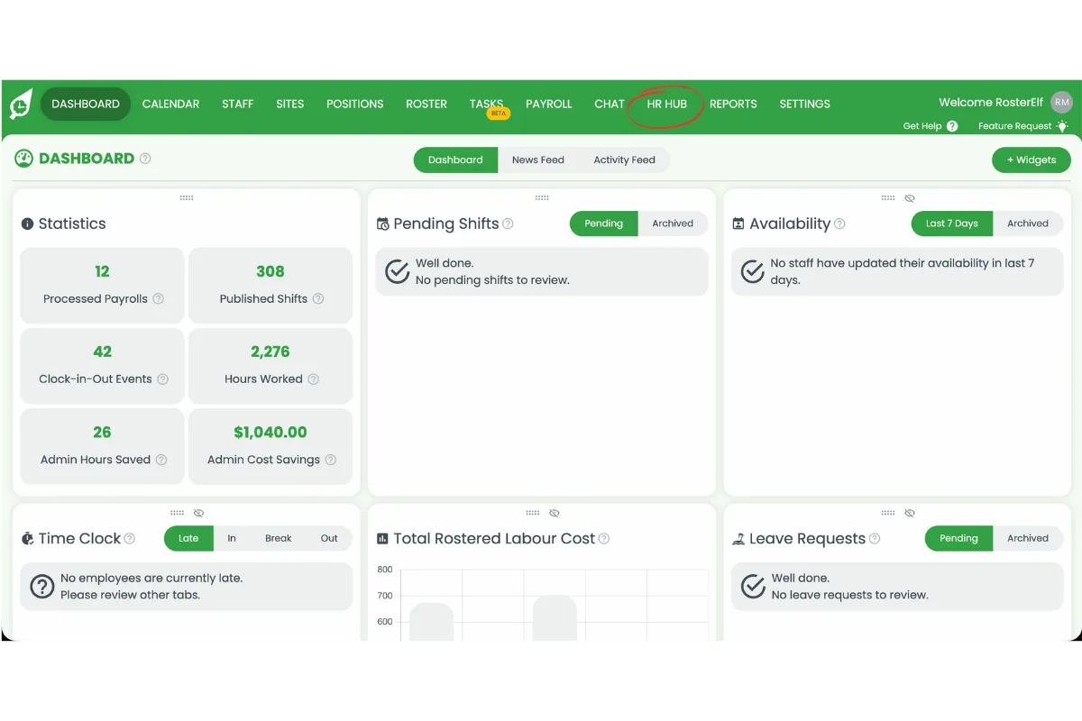 RosterElf dashboard with the HR Hub navigation item circled in red in the top menu