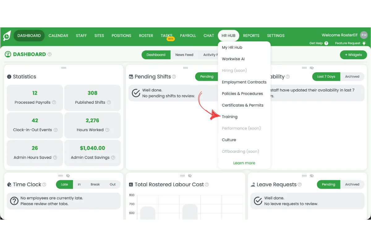 RosterElf HR Hub dropdown menu open with Training option highlighted by a red arrow