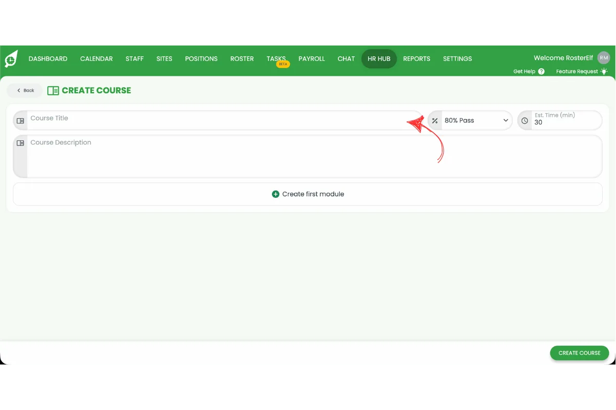 Create Course screen in RosterElf showing where to enter a training course title