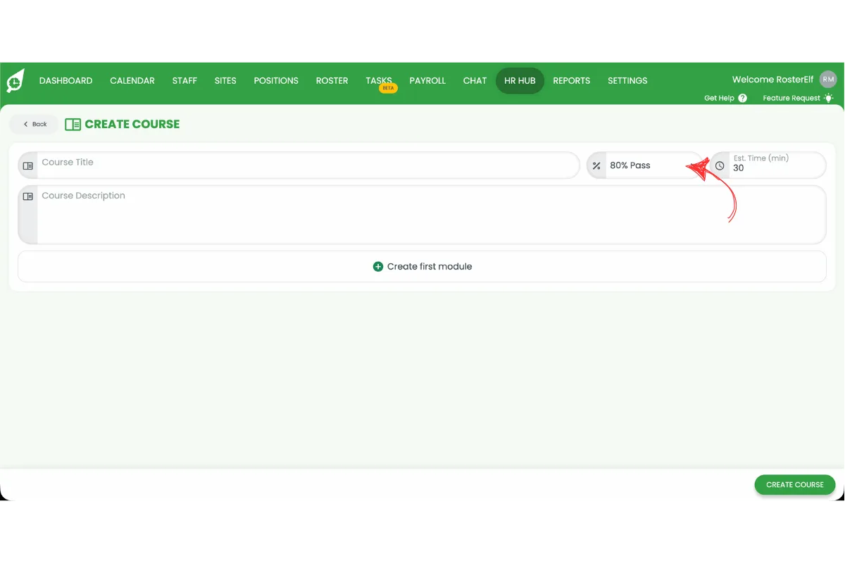 Create Course screen showing the pass rate percentage field for a HR Hub training course