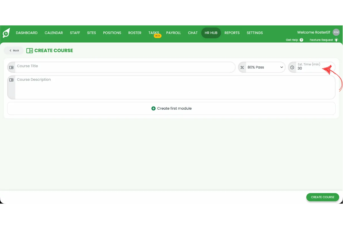Create Course screen showing the estimated completion time field for a HR Hub training course