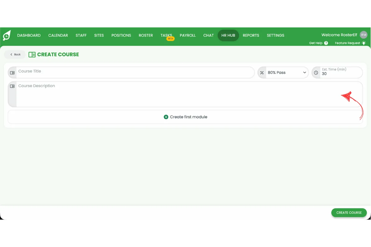 Create Course screen showing the course description field in RosterElf HR Hub training