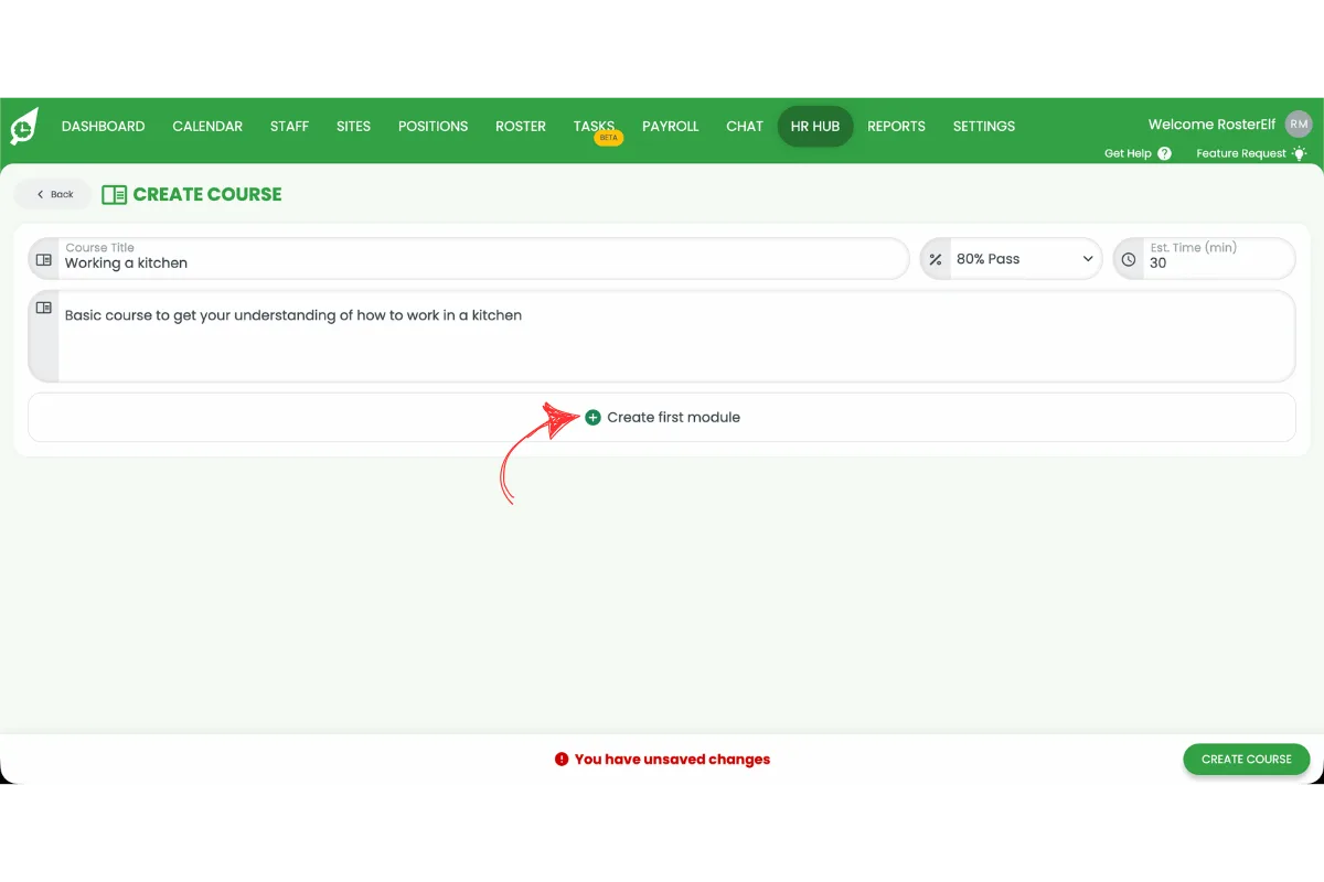 Create Course screen with the Add module button circled in red