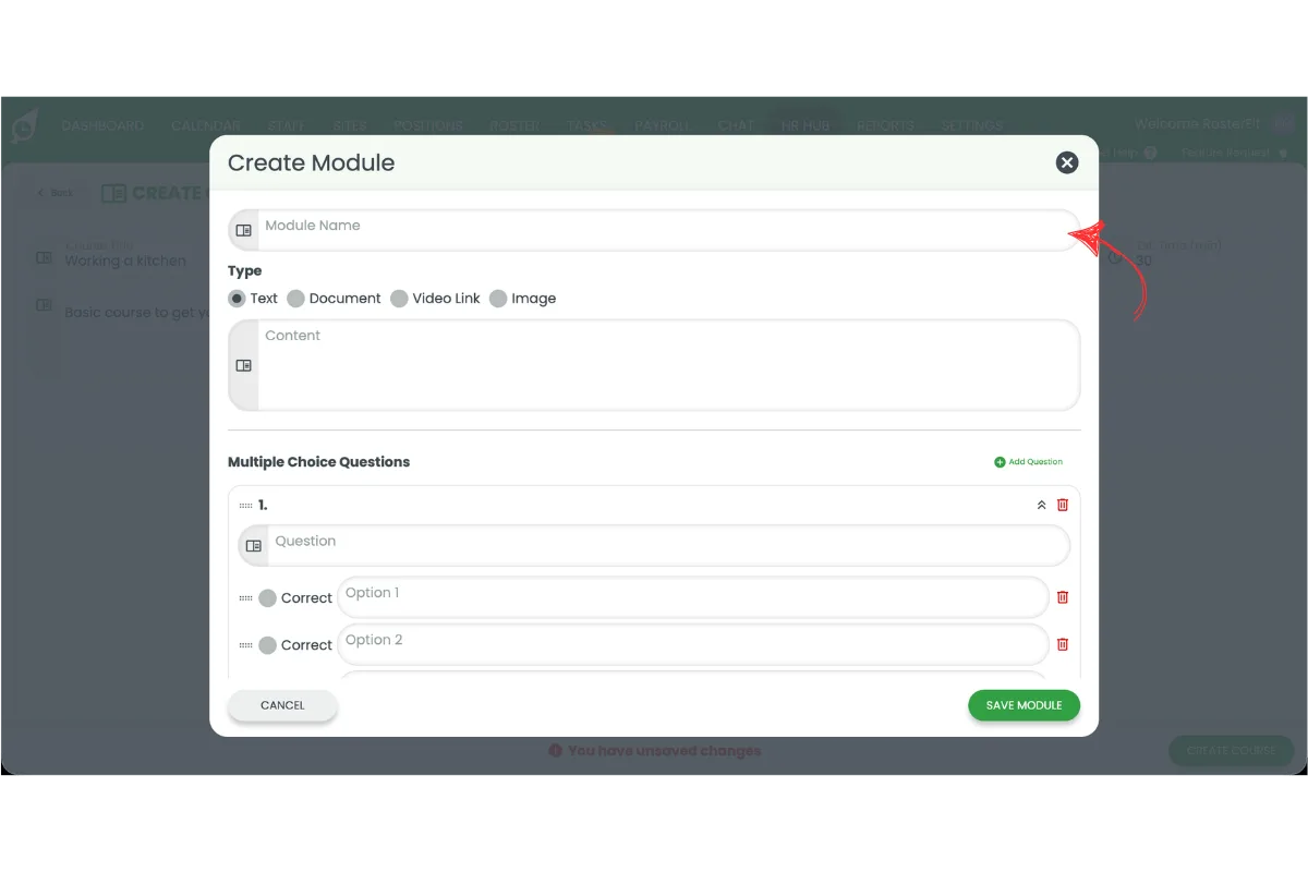 Create Module popup showing the module name field in RosterElf HR Hub training