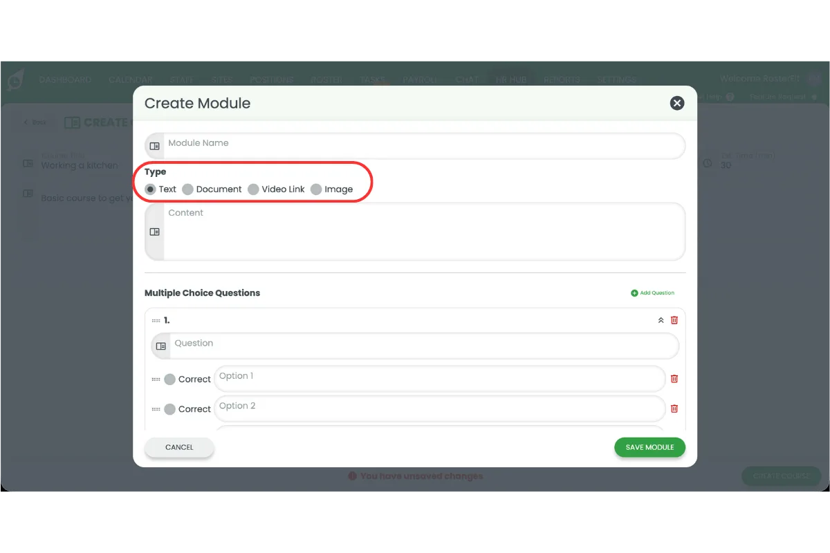 Create Module popup showing Text, Document, Video Link, and Image module type options circled in red