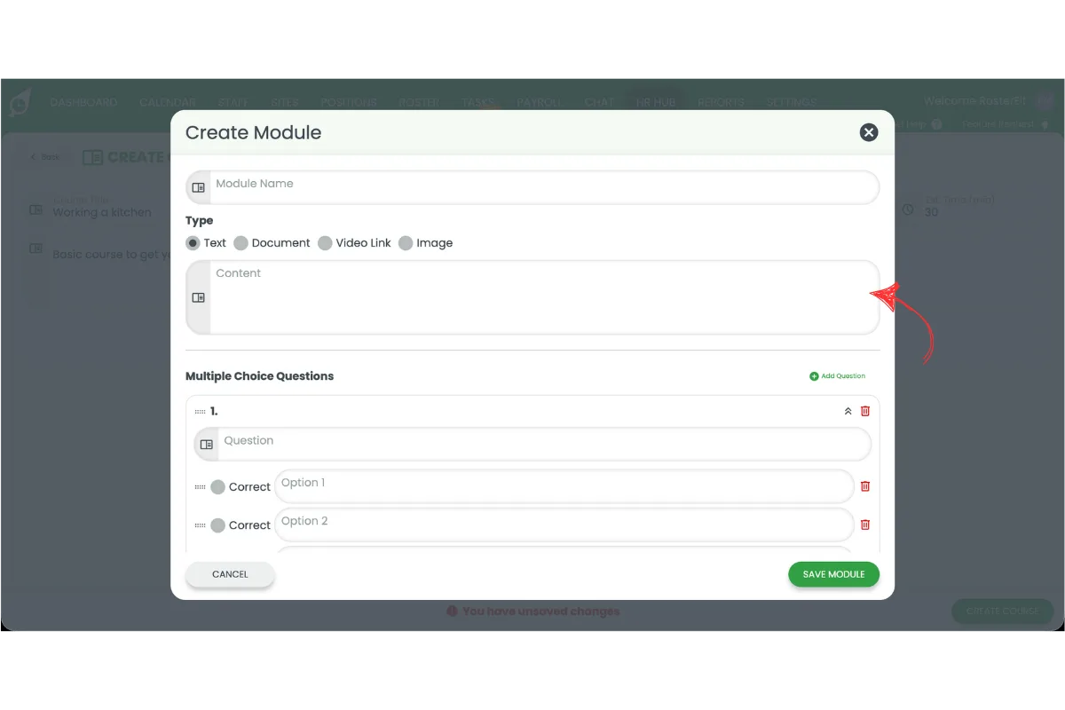 Create Module popup showing the content field for a HR Hub training module