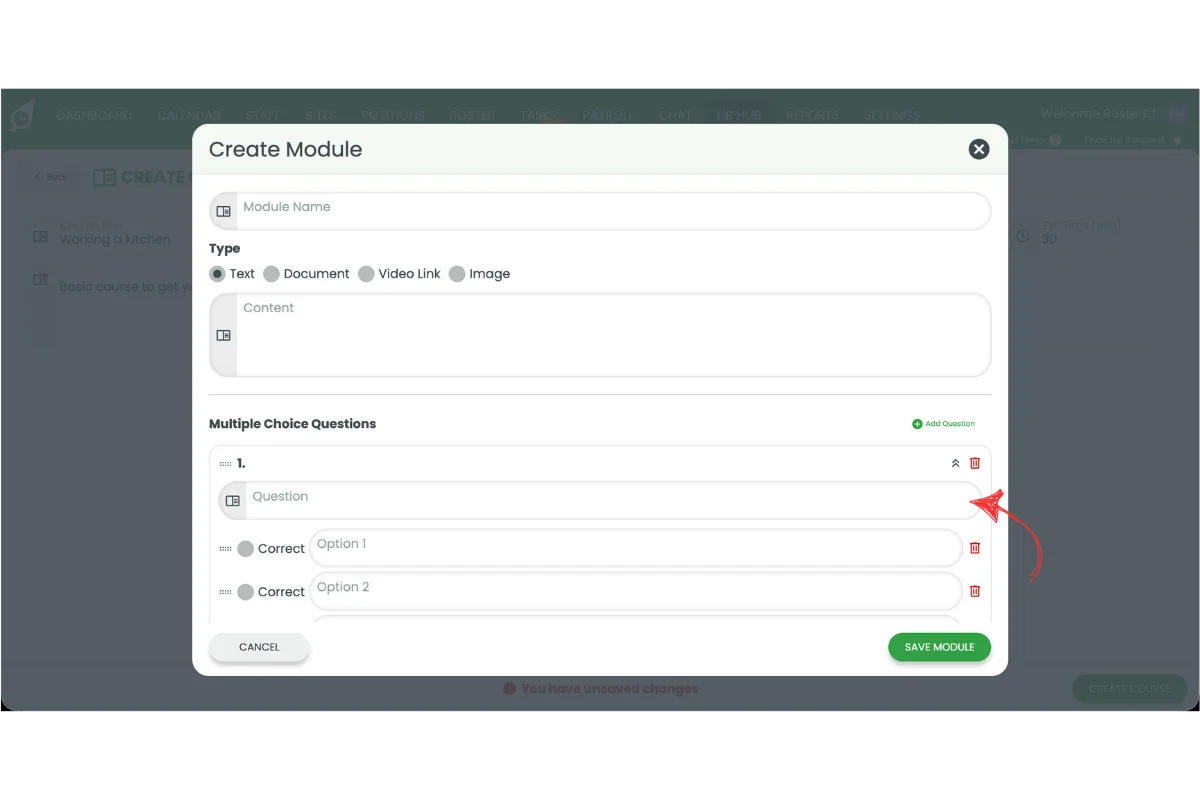 Create Module popup showing the question field under Multiple Choice Questions
