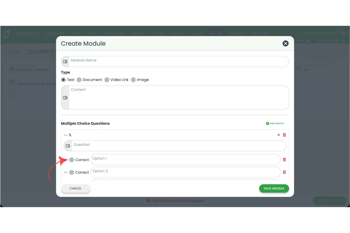 Create Module popup with the Correct radio button circled in red next to the first answer option