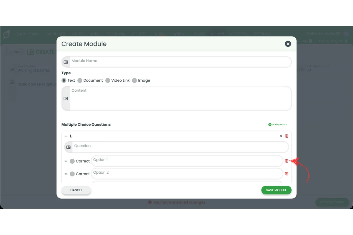 Create Module popup with the red delete icon circled next to an answer option