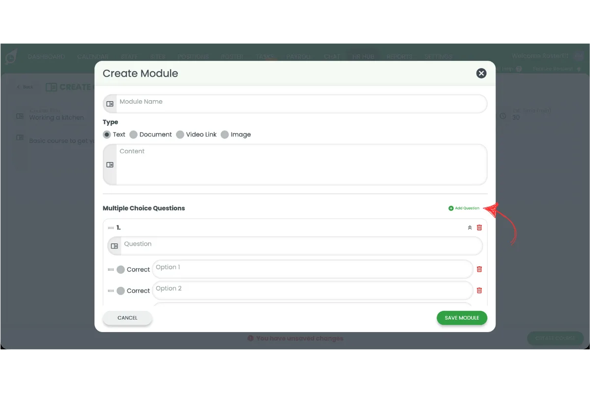 Create Module popup with the Add Question link circled in red