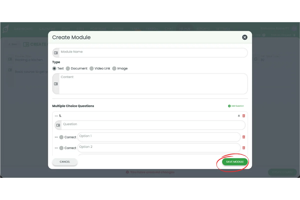 Create Module popup with the Save module button circled in red