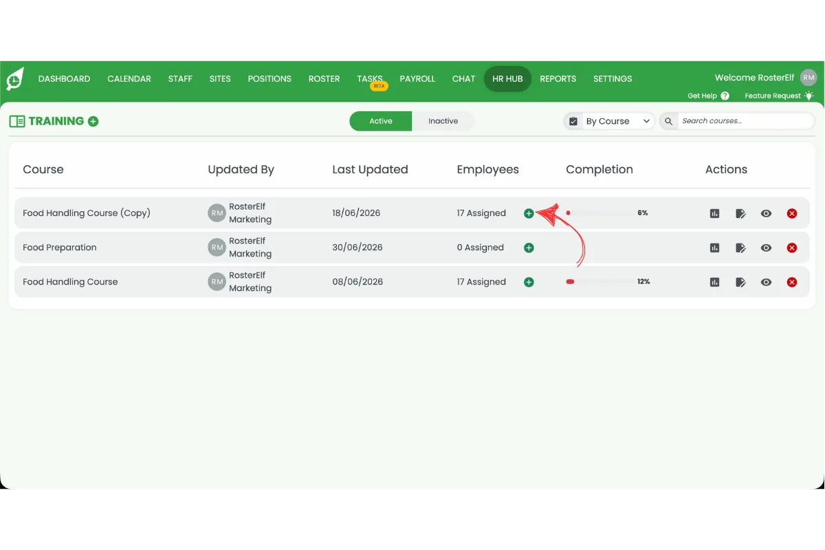 RosterElf Training course list with the plus icon circled in red in the Employees column