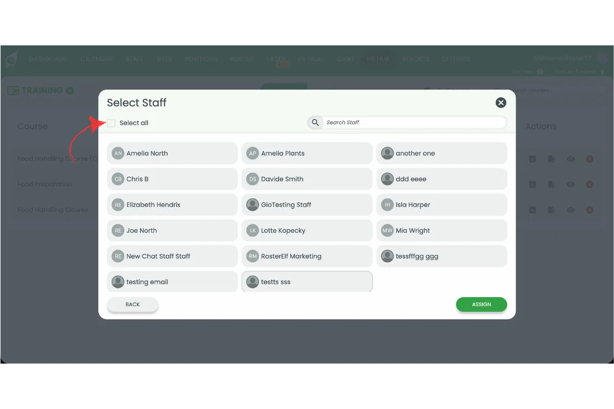 Select Staff popup with the Select all checkbox circled in red