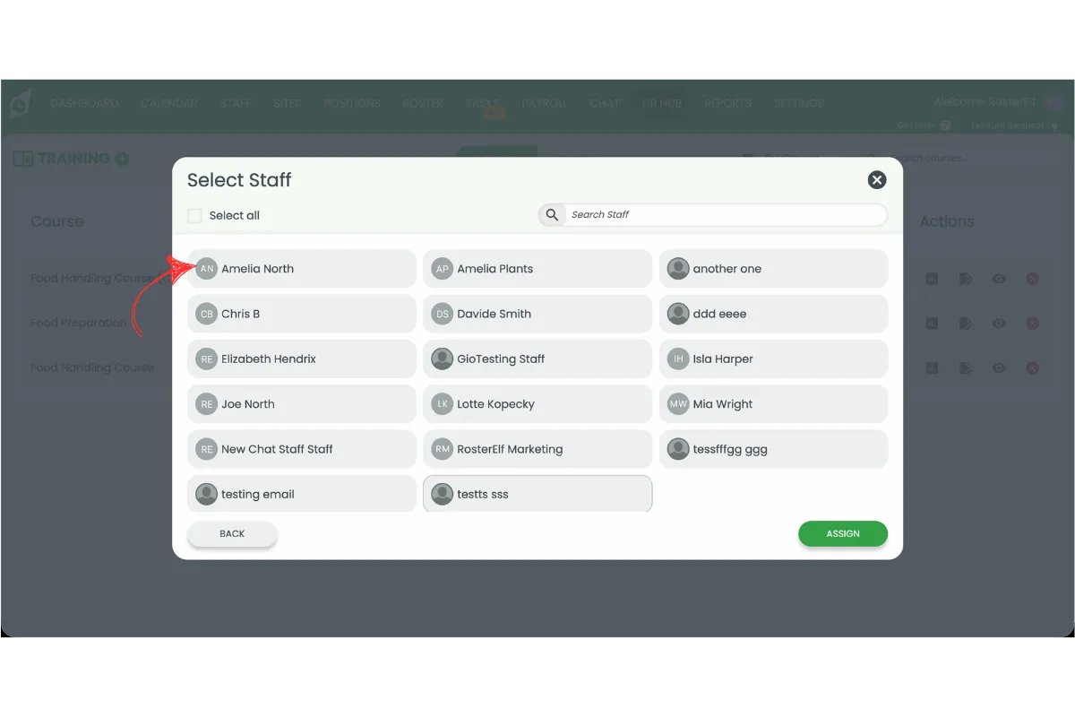 Select Staff popup with an individual employee circled in red