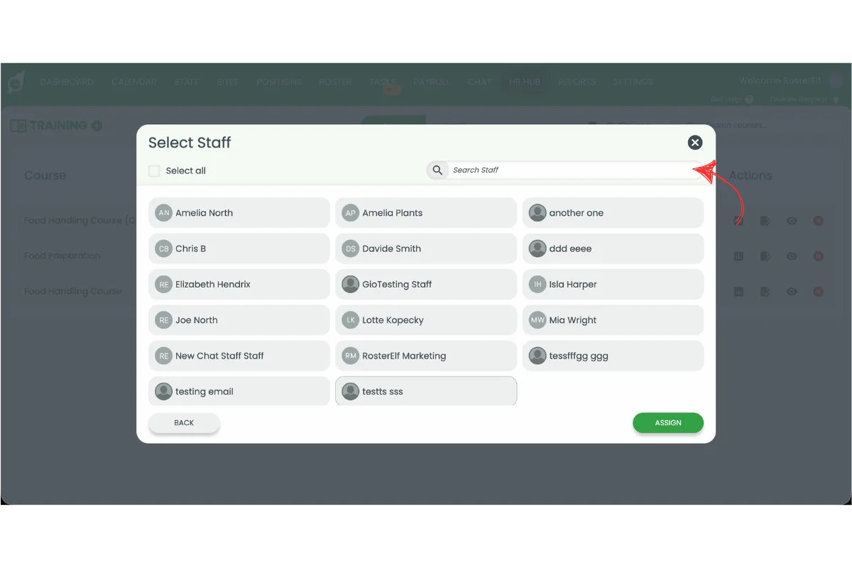 Select Staff popup with the search staff field circled in red