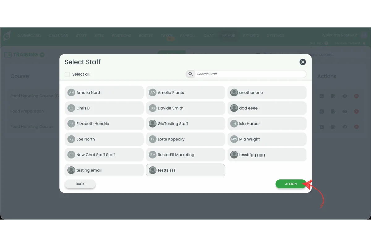 Select Staff popup with the green Assign button circled in red