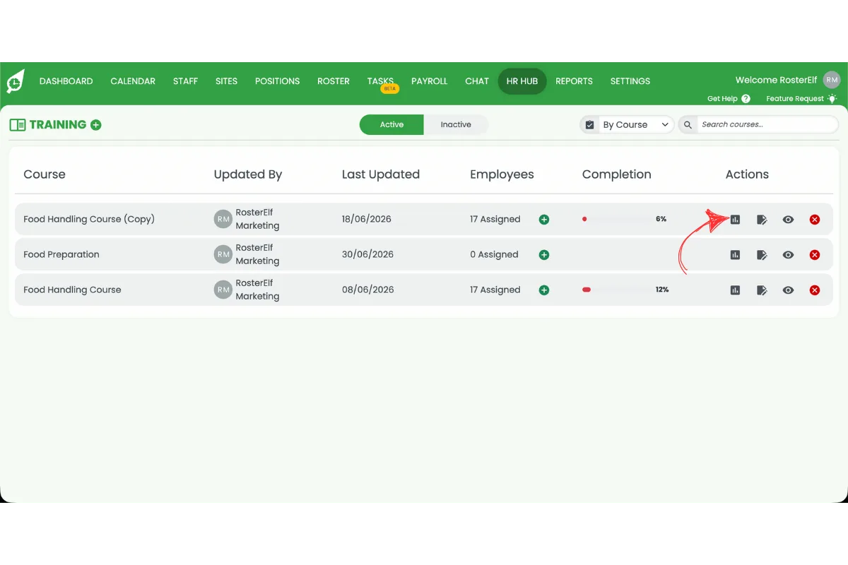 RosterElf Training course list with the Stats icon circled in red in the Actions column