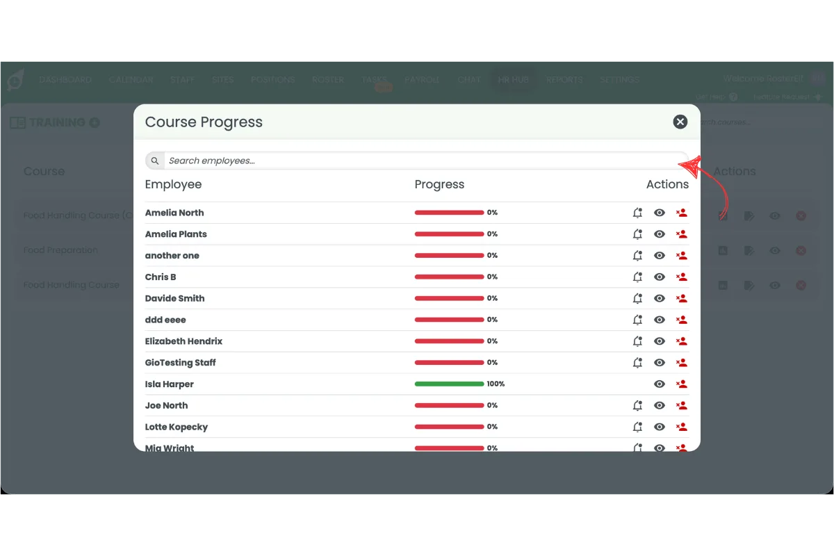 Course Progress popup showing employee completion progress bars and the search field