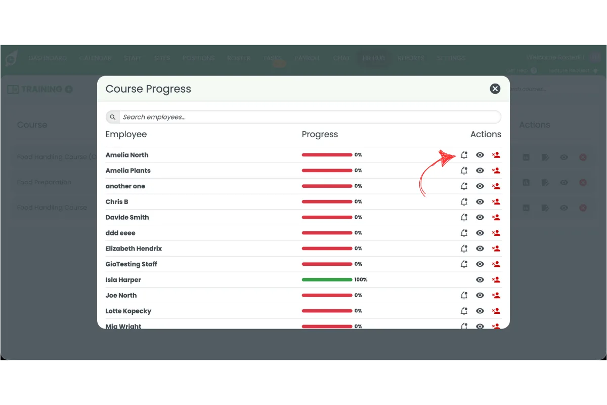 Course Progress popup with the reminder bell icon circled in red in the Actions column