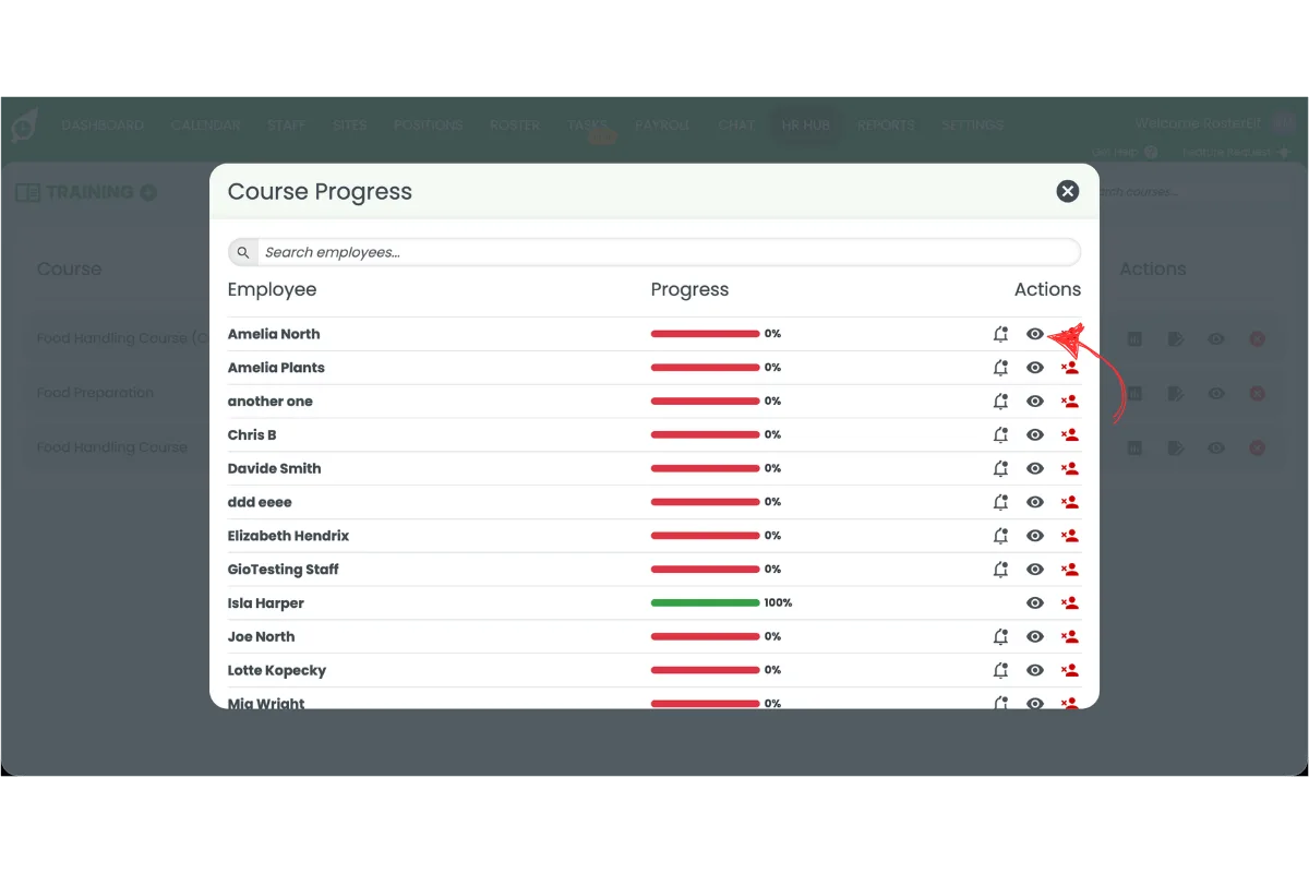 Course Progress popup with the view results icon circled in red in the Actions column