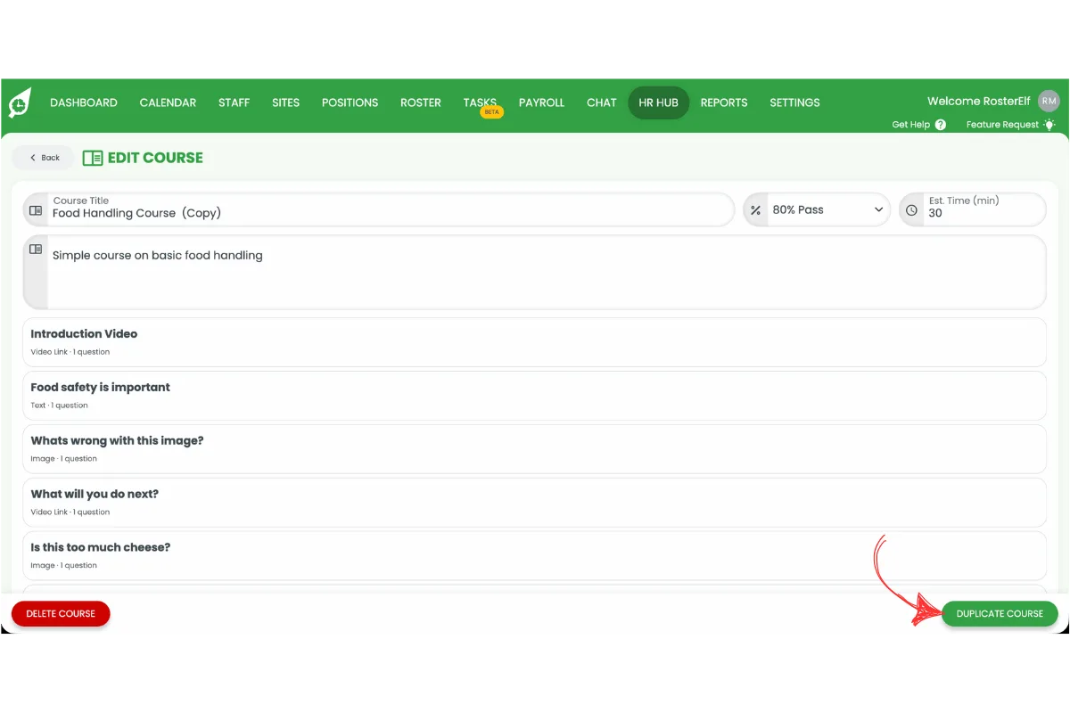 Edit Course screen with the Duplicate Course button circled in red