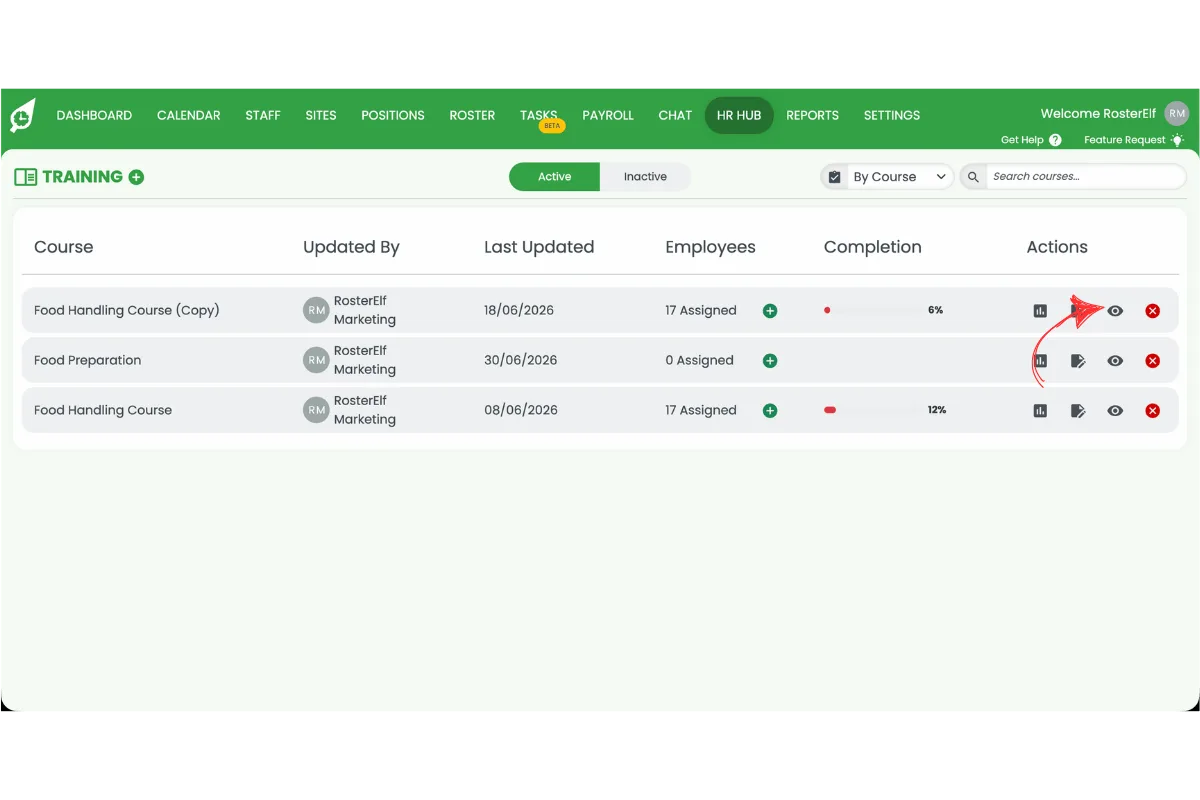 RosterElf Training course list with the Preview icon circled in red in the Actions column