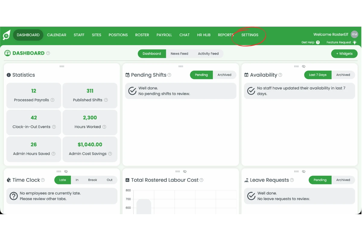 RosterElf dashboard with the Settings menu circled in red in the top navigation bar