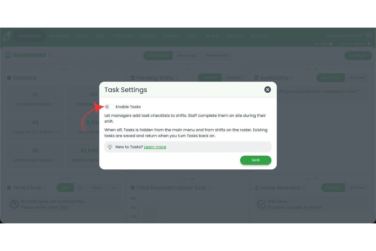 Task Settings popup showing the Enable Tasks toggle switched on