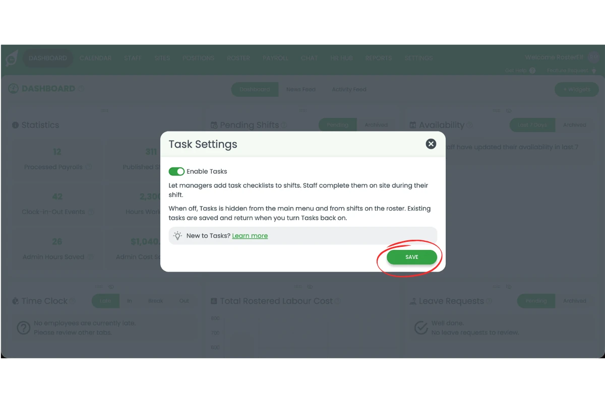 Task Settings popup with the Save button circled in red
