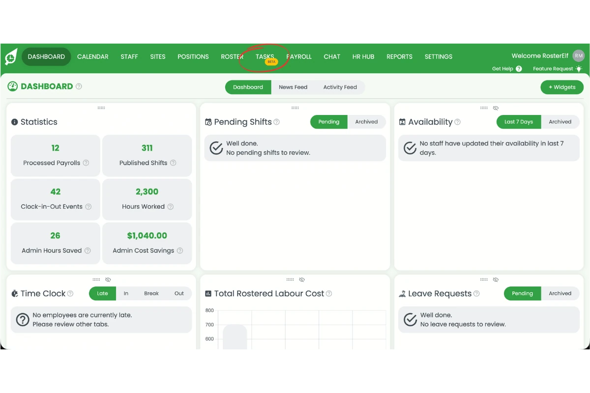 RosterElf dashboard with the Tasks navigation item circled in red in the top menu