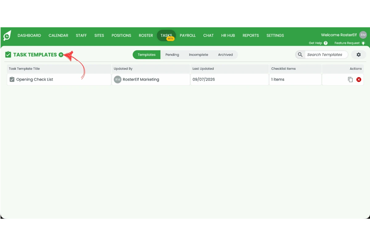 Task Templates screen with the plus icon circled in red to create a new template