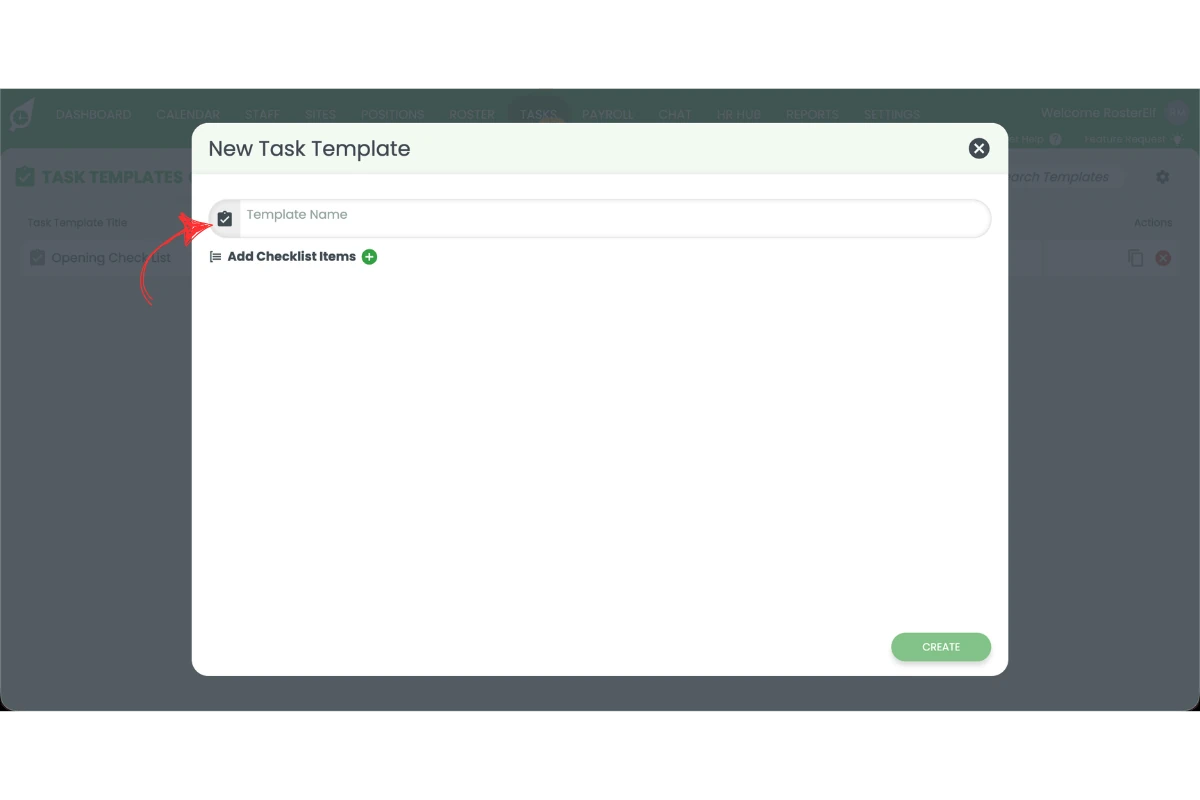 New Task Template popup with the Template Name field highlighted by a red arrow