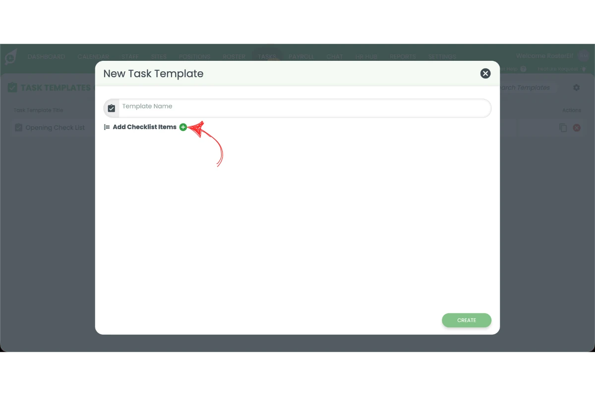 New Task Template popup with the Add Checklist Items plus icon circled in red