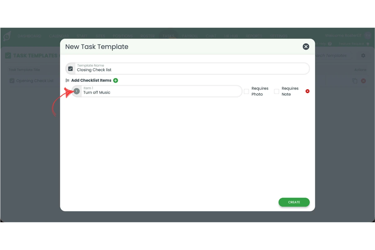 New Task Template popup showing a checklist item descriptor field circled in red