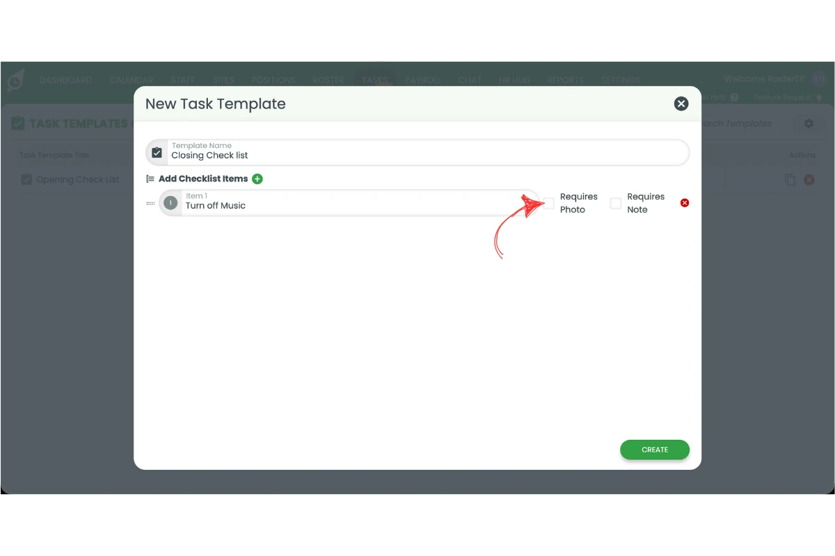 New Task Template popup with the Requires Photo checkbox circled in red