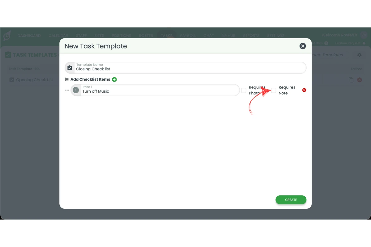 New Task Template popup with the Requires Note checkbox circled in red