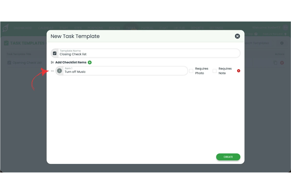 New Task Template popup with the drag handle circled in red to reorder checklist items