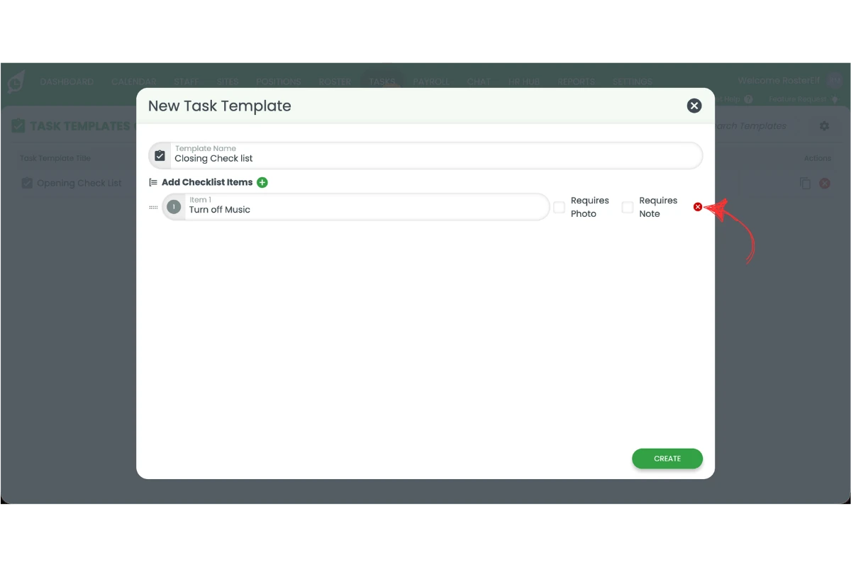 New Task Template popup with the red delete icon circled next to a checklist item