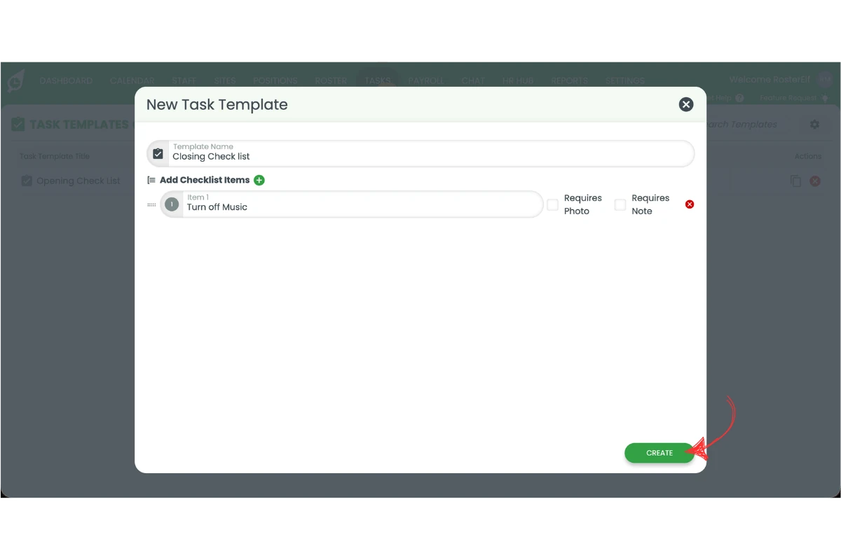 New Task Template popup with the Create button circled in red