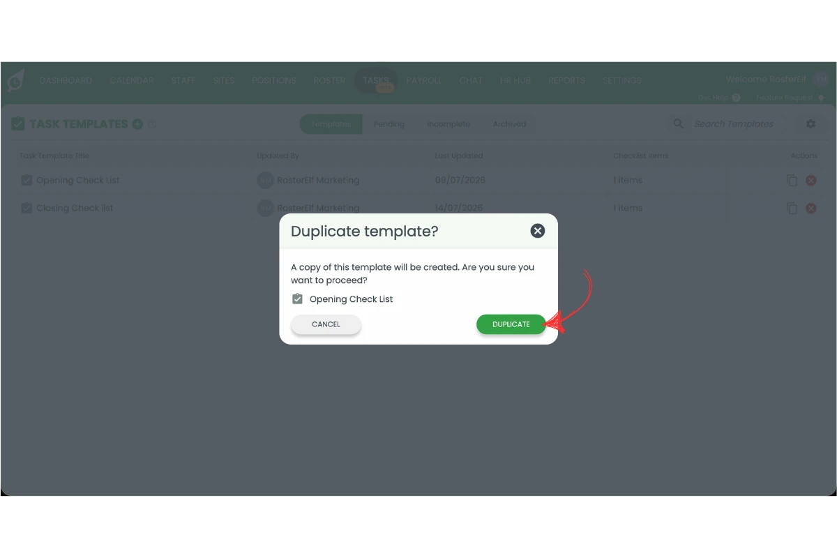 Duplicate template popup with the Duplicate button circled in red