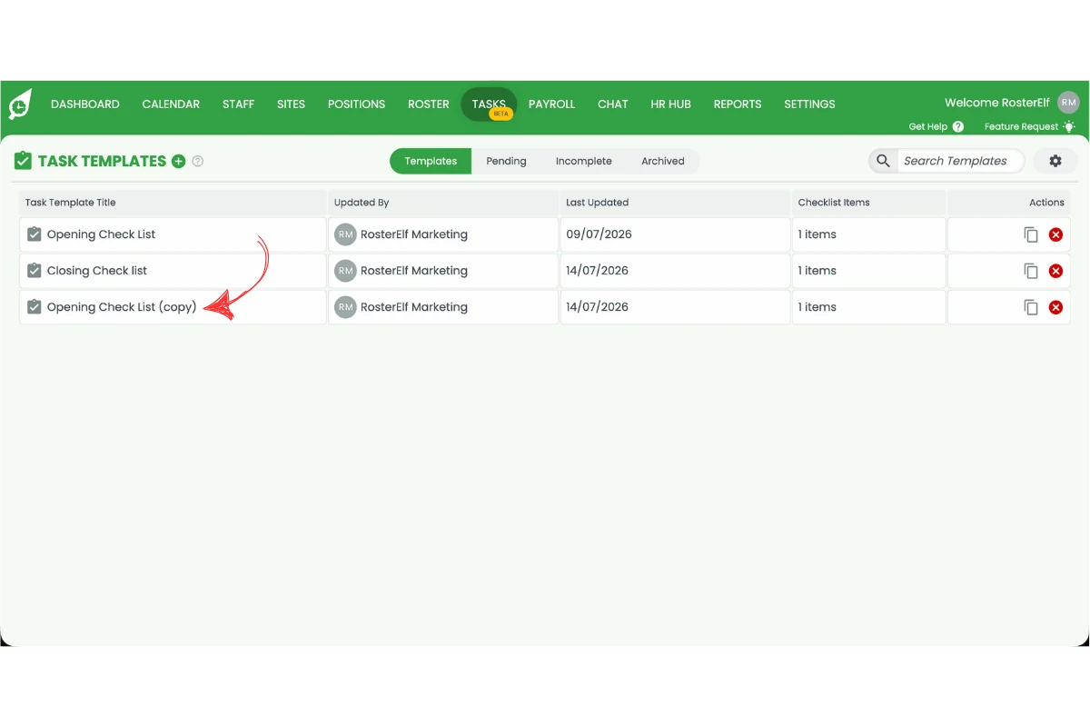 Task Templates list with the duplicated template row highlighted by a red arrow