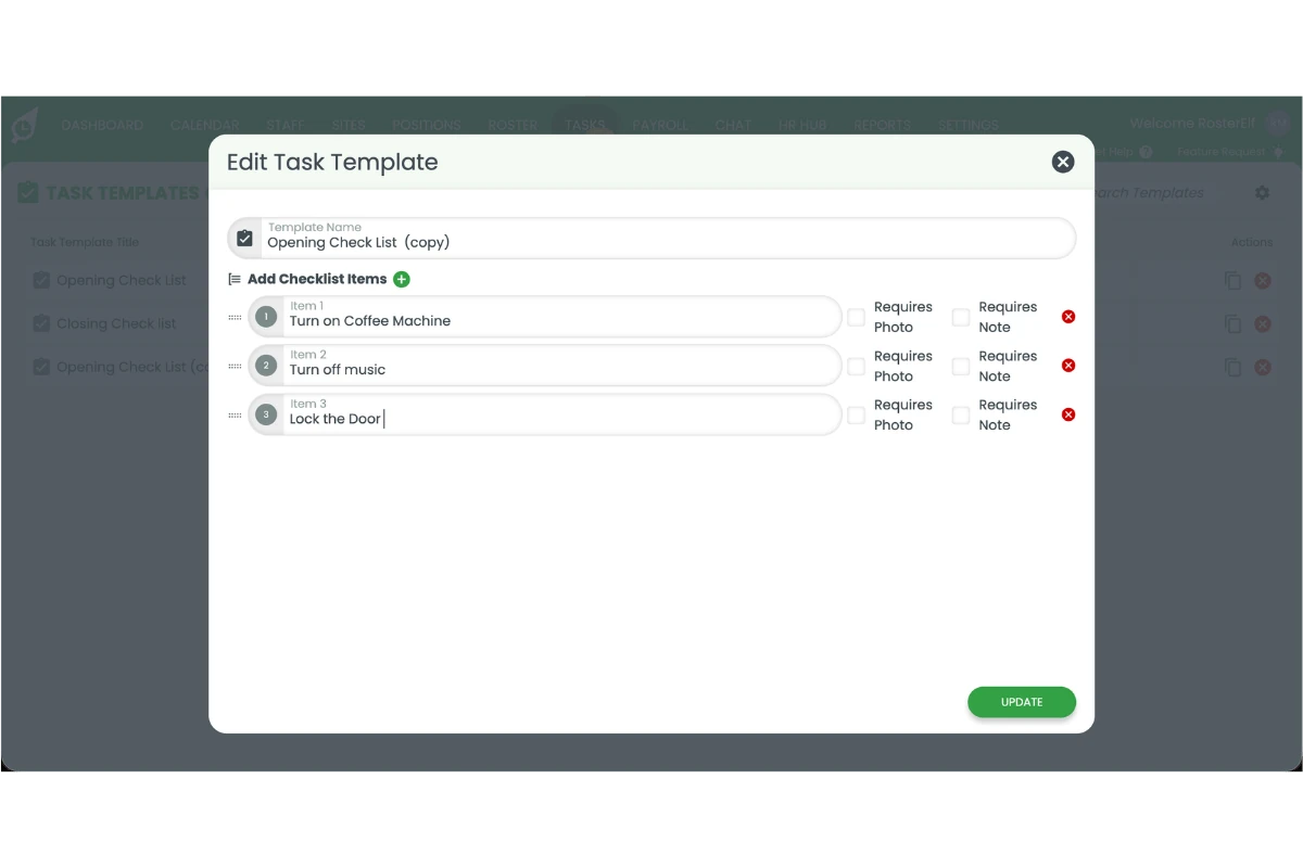 Edit Task Template popup showing a renamed template with additional checklist items added