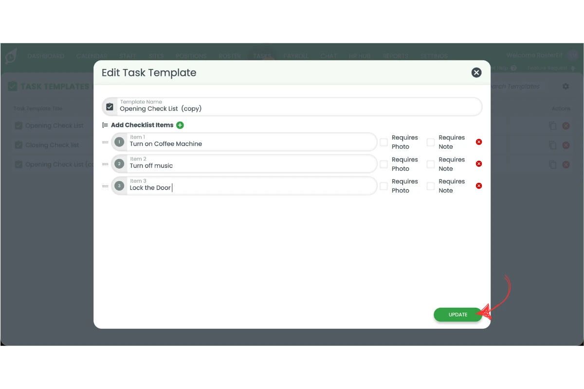 Edit Task Template popup with the Update button circled in red
