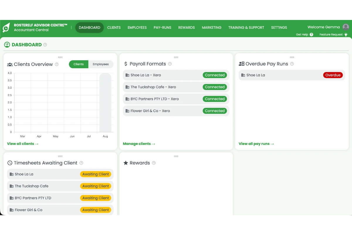 Screenshot of the RosterElf Advisor Centre dashboard showing client overview, payroll connection status and overdue pay run widgets