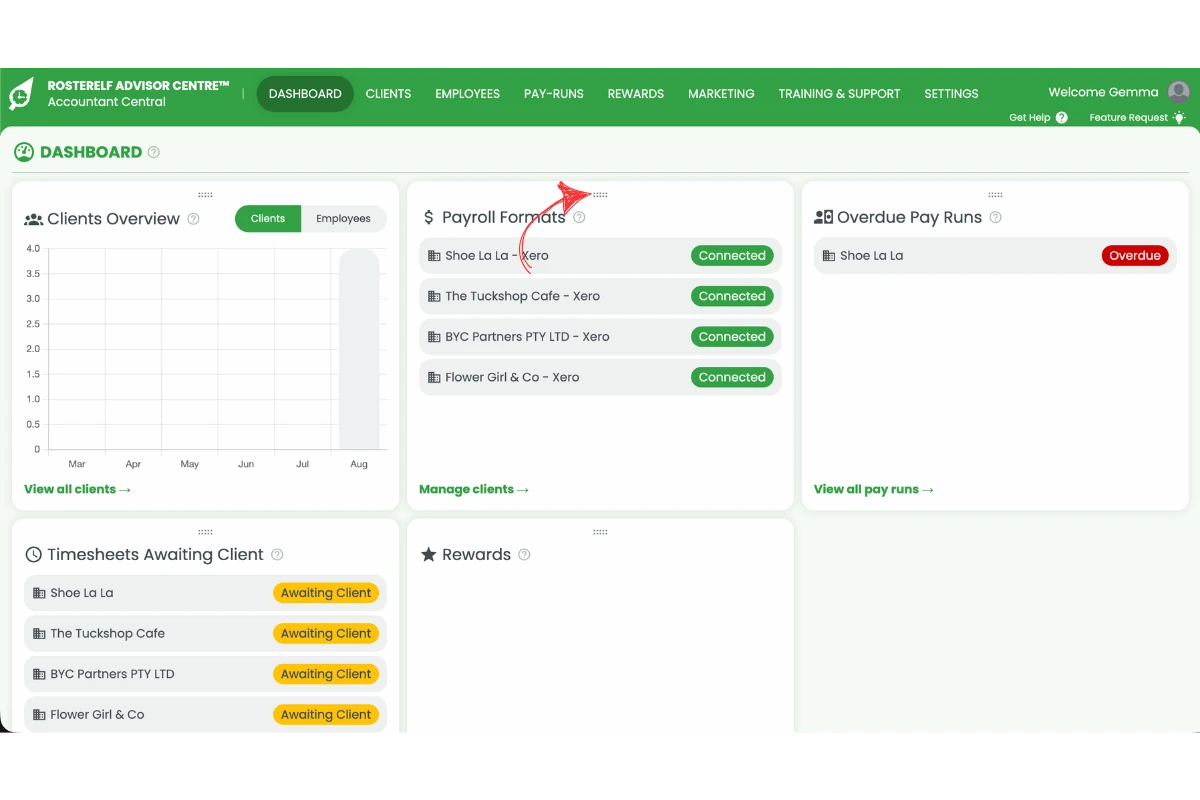 Screenshot of the Advisor Centre dashboard with a red arrow pointing to the drag handle used to move a widget