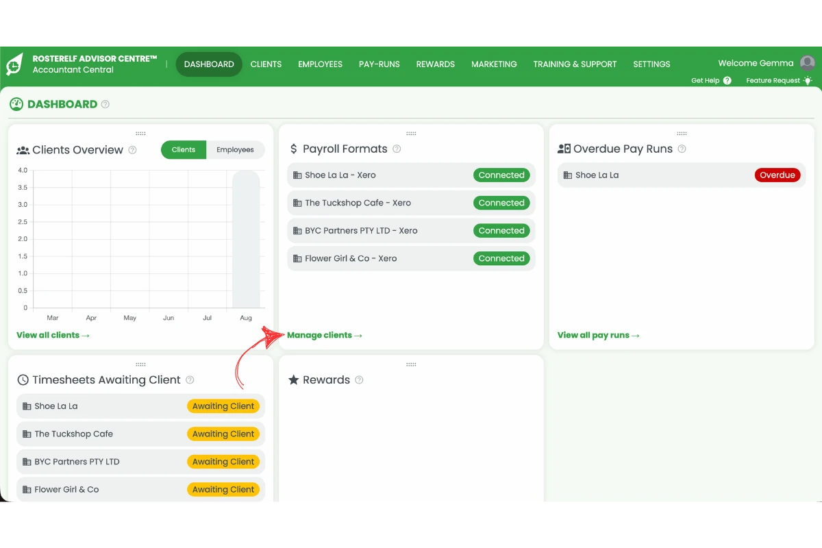 Screenshot of the Advisor Centre dashboard with a red arrow pointing to the Manage clients link that jumps to the Clients tab