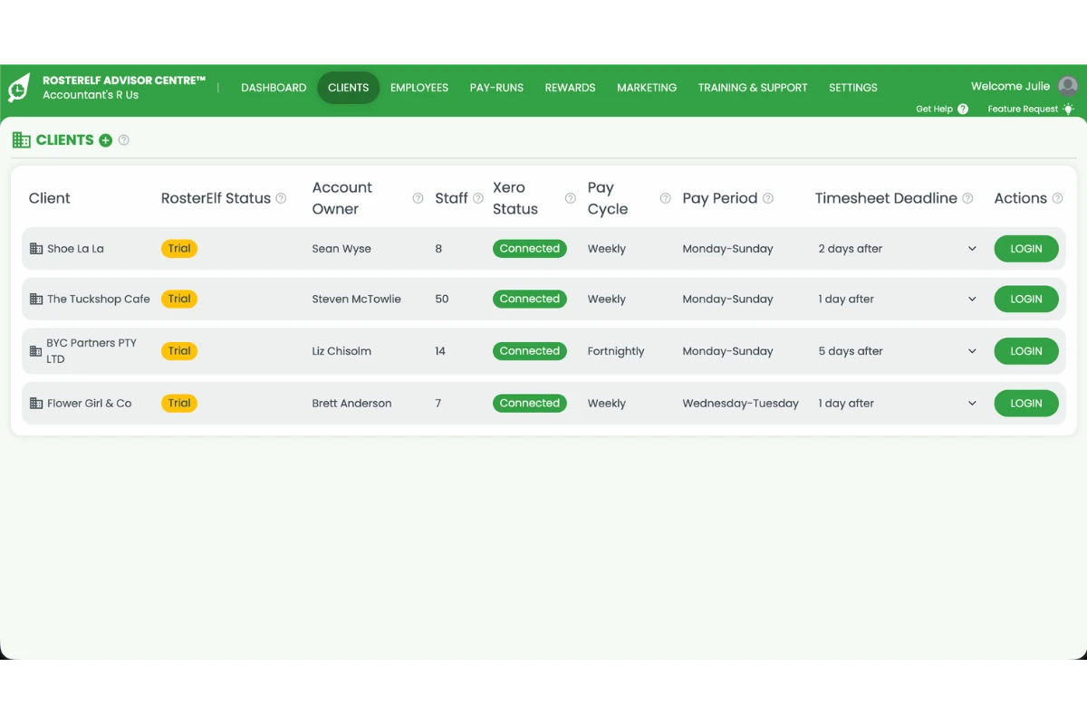 Screenshot of the RosterElf Advisor Centre Clients tab listing client businesses with their RosterElf status and timesheet deadlines